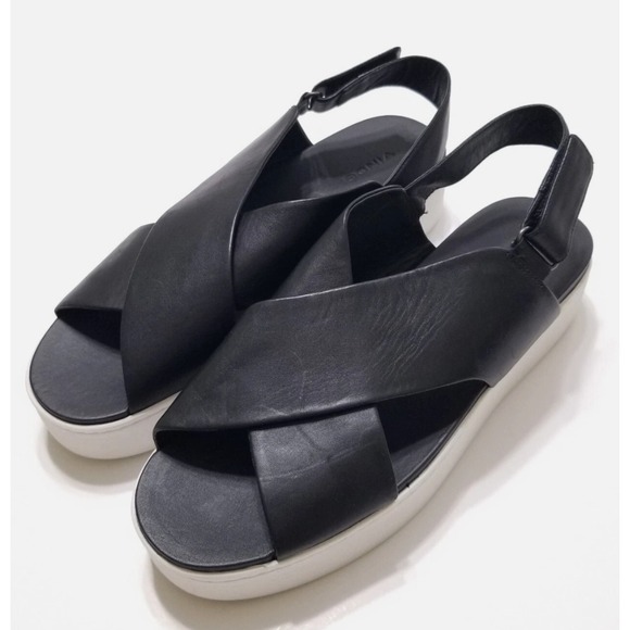 VINCE Weslan Leather Open Toe Platform Criss Cross Strap Sandals Black 7.5 $225 - Picture 1 of 12